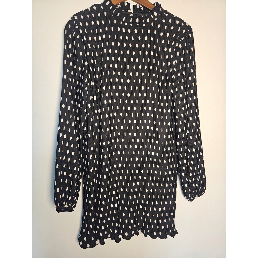 [Mod Retro] Lulus Polka Dot Pleated Mini Dress Womens Large Black Mock Neck